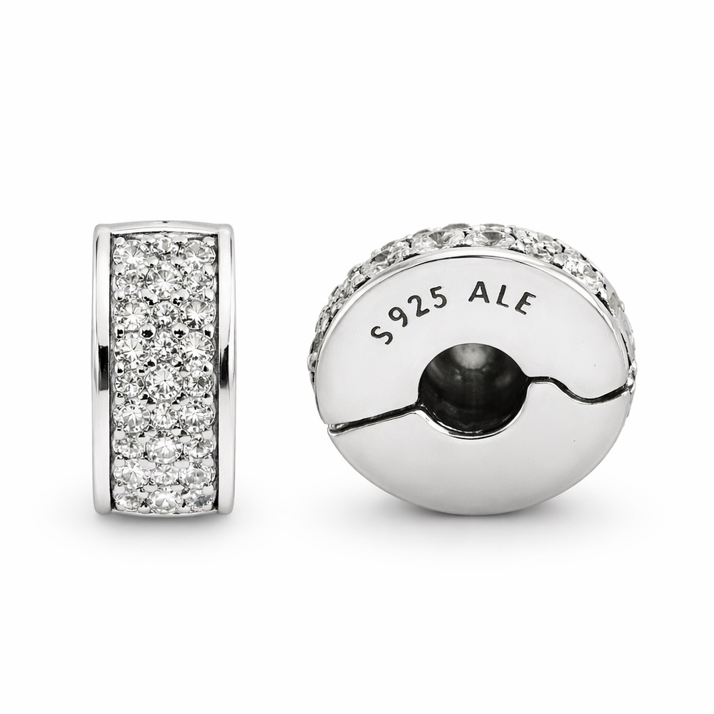 Set of Pandora Moments Clear Pavé CZ Clip Charm Sterling Silver Silicone Lined